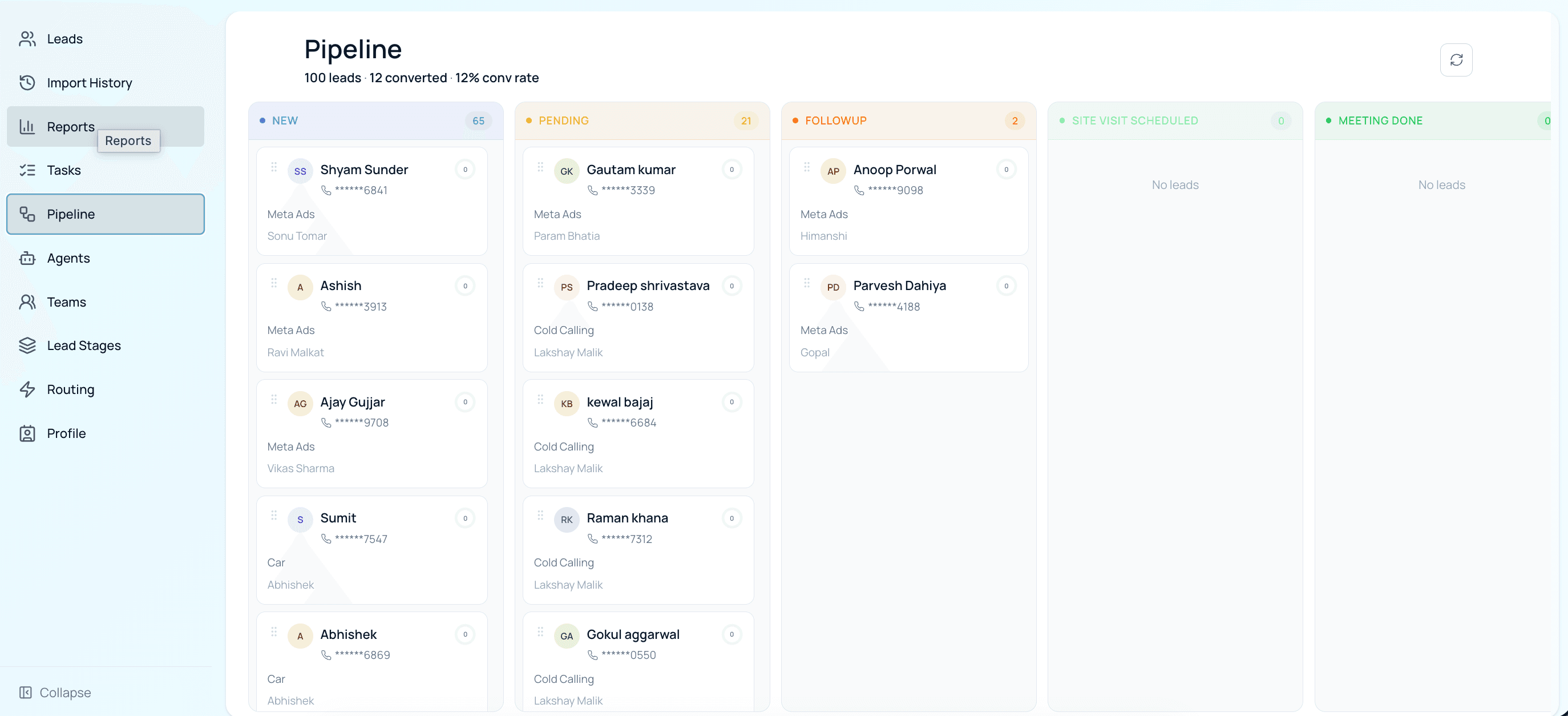 NexoCRM Pipeline — Kanban board with New, Pending, Followup, Site Visit Scheduled and Meeting Done stages, showing lead cards with source, RM and phone