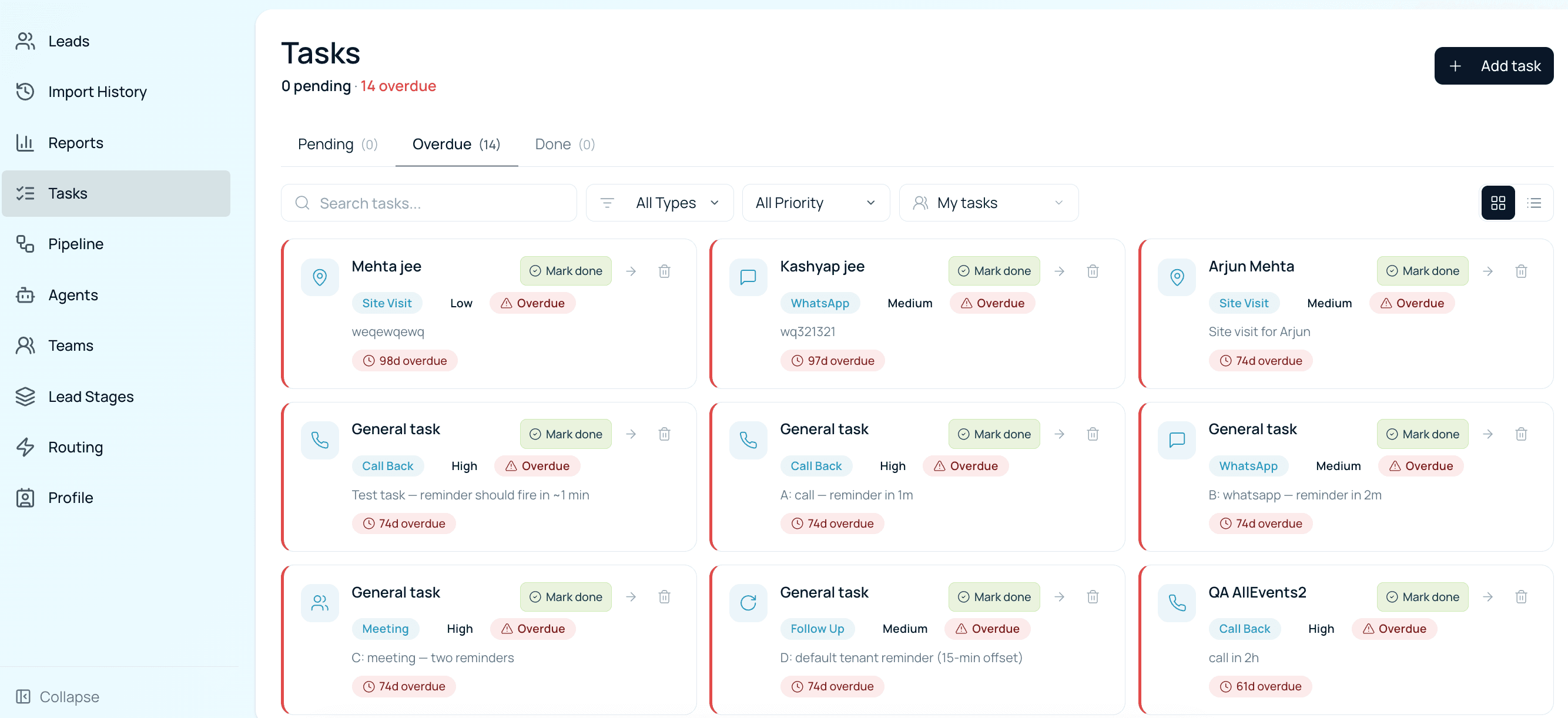 NexoCRM Tasks board — pending, overdue and done tasks across call-back, WhatsApp, site visit and meeting types, with priority and overdue markers